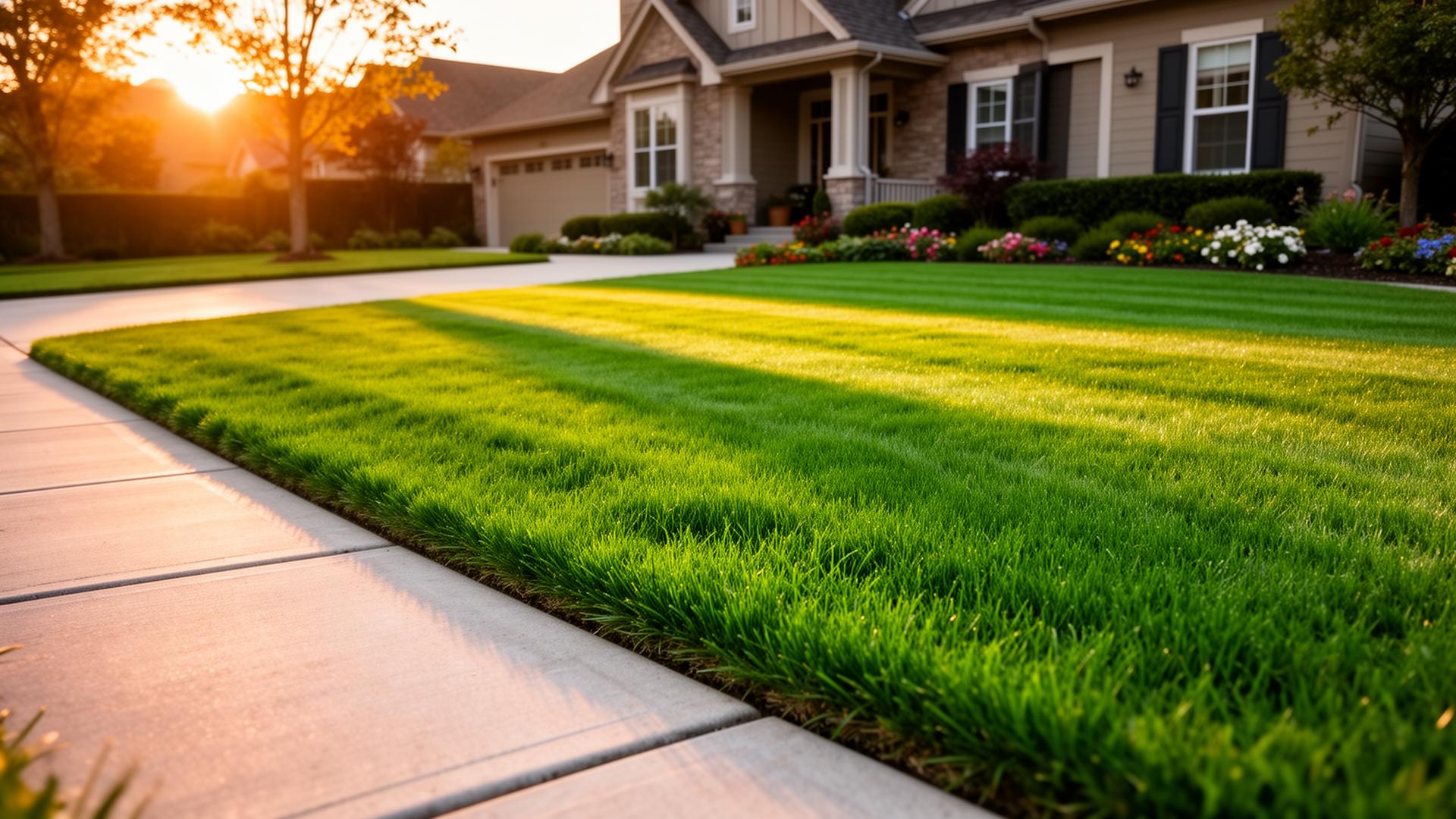 Pristine striped lawn at golden hour